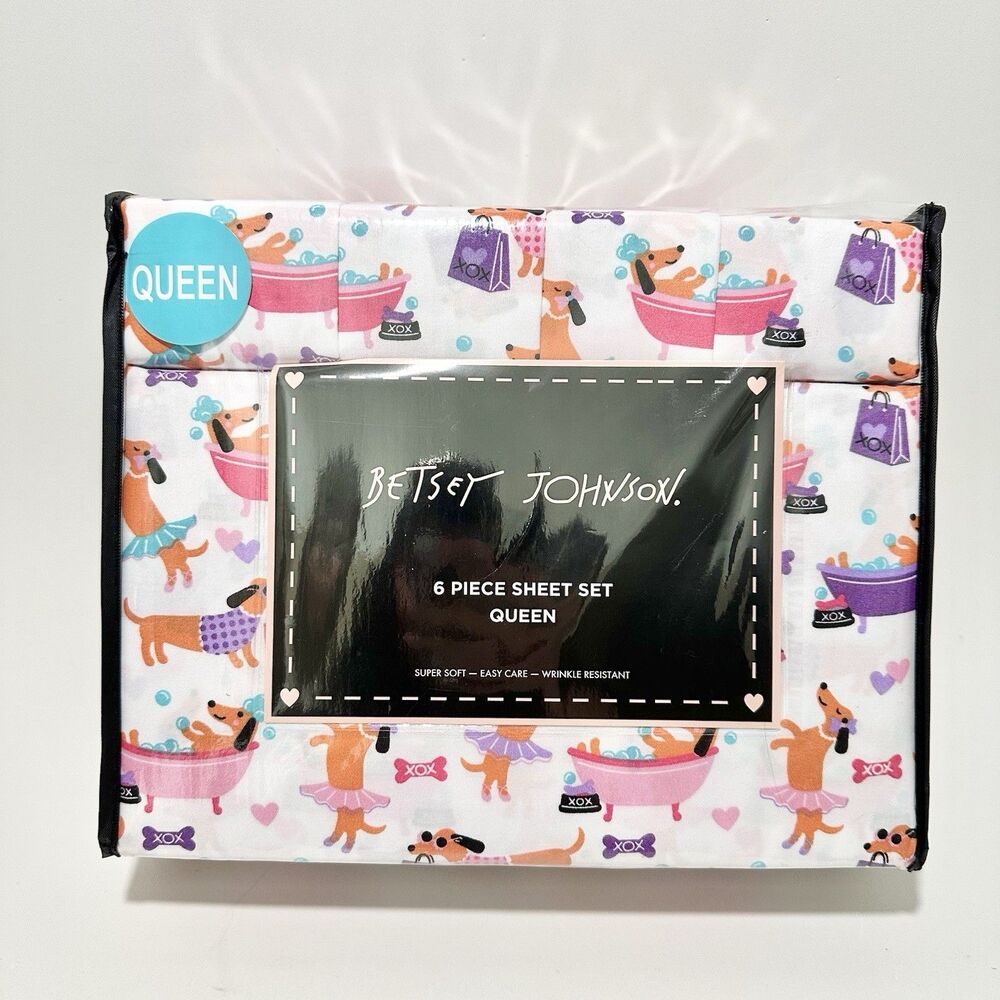 Betsey Johnson Dachshund Sheets Queen 6 Piece Bed Sheet Set Doxi Dog, NWT